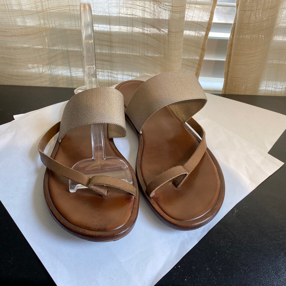 Hermes brown leather fabric thong sandals mules flats $1400 slip-on size 37-7 - Picture 4 of 8